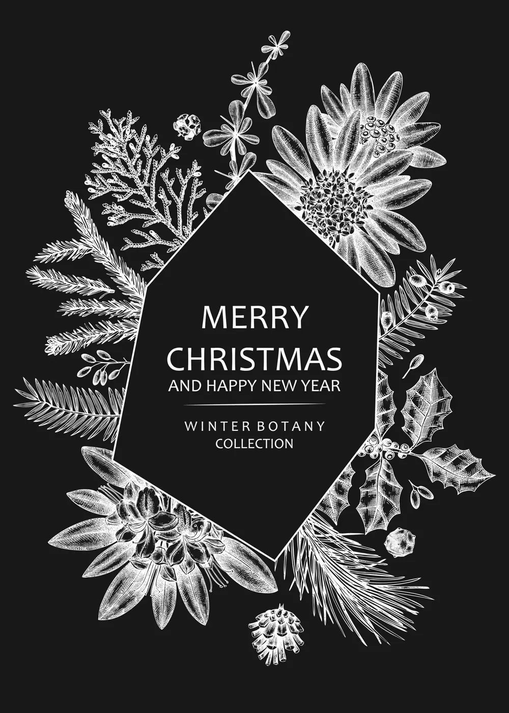 Christmas greeting card or invitation. Winter design on chalkboard. Vector frame with hand drawn winter flowers, conifers and evergreen plants. Vintage botanical background. Christmas template.   Illustration